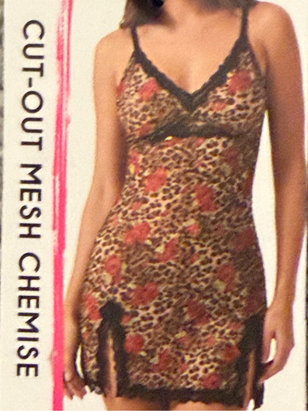 Floral Leopard Lace-Trim Chemise - Black & Red